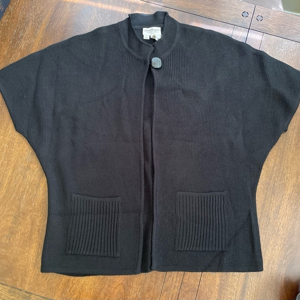 Vintage Norm Thompson Black SS Sweater Cardigan Single Button Closure Women M